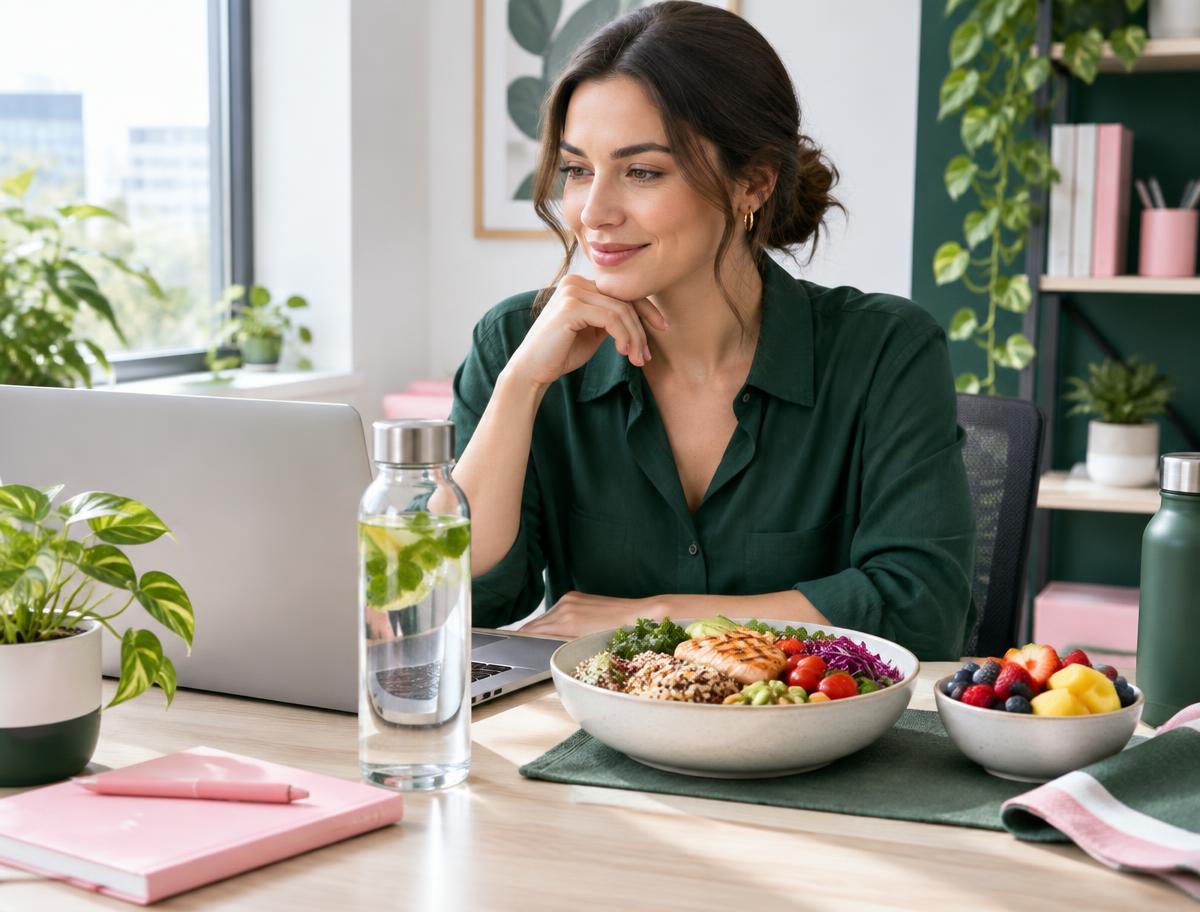 Comida equilibrada en un espacio de trabajo luminoso